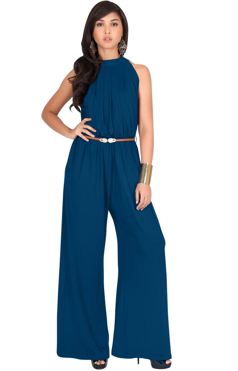 KOH KOH Plus Size Womens Sexy Sleeveless Halter-neck Wide Leg Pants Cocktail Overall Long Work Day Suit Pant Suits Pantsuit Playsuit Jumpsuit Jumpsuits Romper Rompers, Capri Blue XL 14-16 - Image 1
